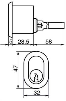 RD2601 Cylinder til kasselås Ruko D12 (Serie 1200) - Målskitse